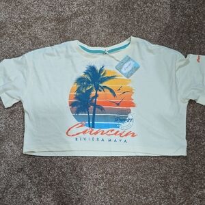 Cream Crop Top with Tropical Print